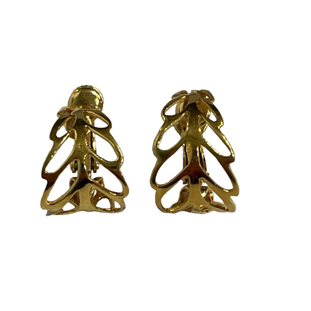 Vintage Signed Napier Gold‎ Tone Open Etched Leaf Hoop Earrings Screw Clip On
